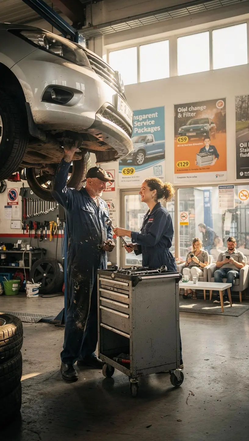 Automechanik demonštruje transparentný balíček služieb vrátane výmeny oleja, filtrov a kontroly tekutín